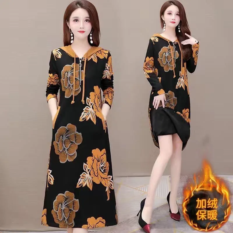 

2022 New Oversized Spring Winter Maxi Party Dress Women Folal Print Long Sleeve Polyester Hoodie Dress Split O-Neck Korean Dress