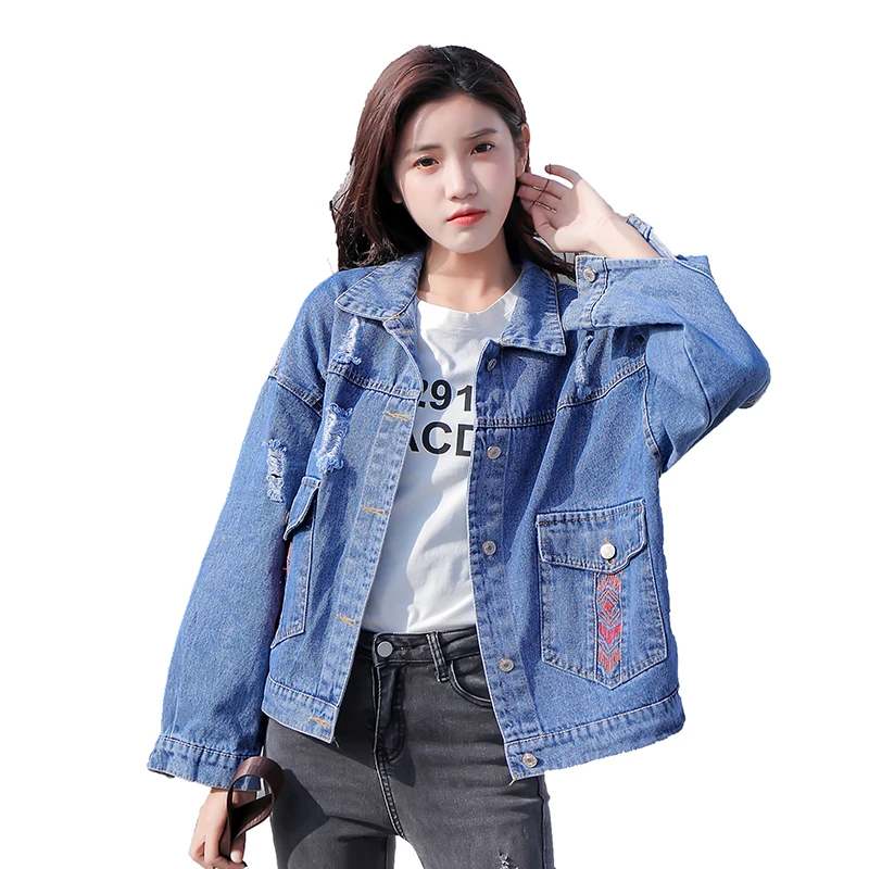 

New Elegant Fashion Women Spring Autumn Denim Coat Loose Embroidery Washed Fashion Denim Jacket