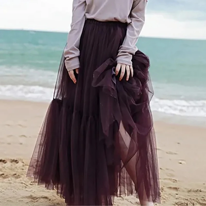 

Sweet High Waist Irregular Pleated Two-layer Mesh Maxi Skirt Fashion Pleated A-line Long Skirts Korean Style Elastic Tutu Skirt