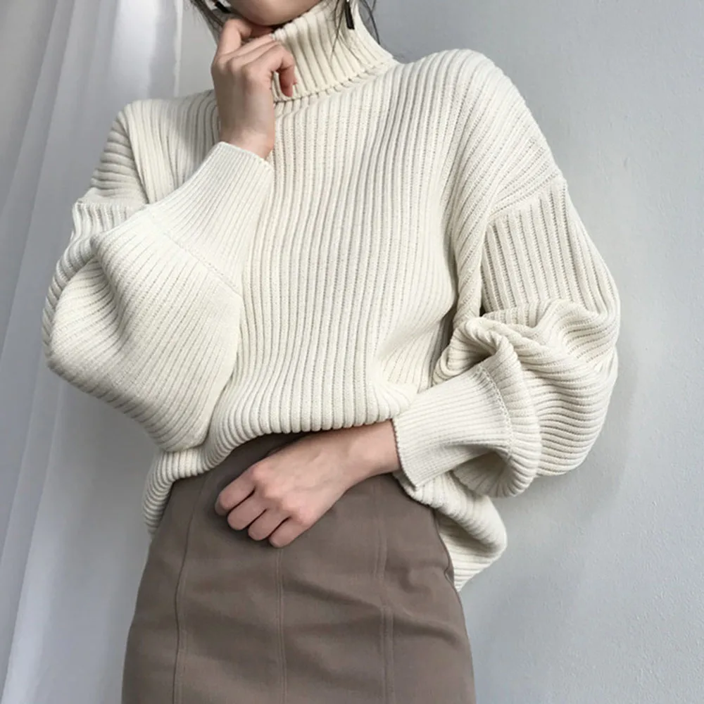 Женский свитер с высоким воротником однотонный Свободный пуловер оверсайз