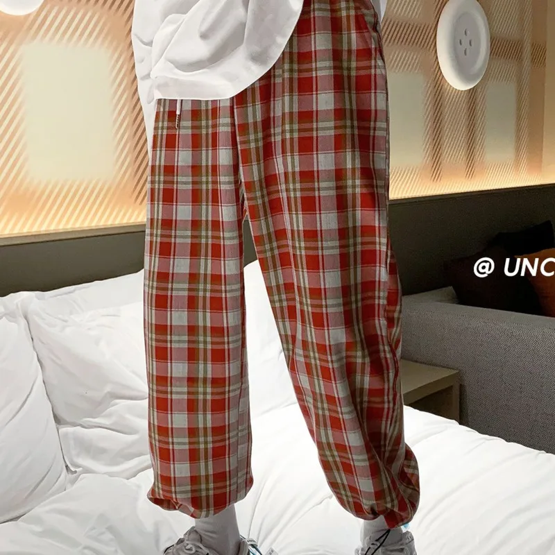 

Straight Trousers Mens M-5Xl Autumn Plaid Pants Men's Fashion Retro Drawstring Casual Pants Men Streetwear Wild Loose Hip-Hop