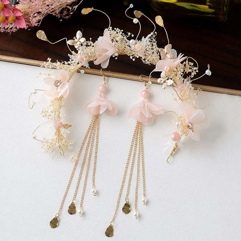 

Аксессуары для волос для невесты, лоза для волос с искусственным жемчугом и сушеным цветком, набор головных уборов и сережек для свадьбы HB88