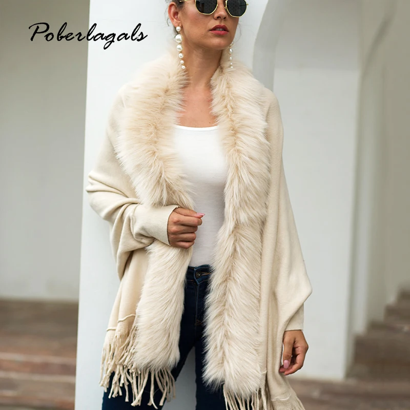 Женский вязаный кардиган с бахромой и искусственным мехом Свободный рукавами