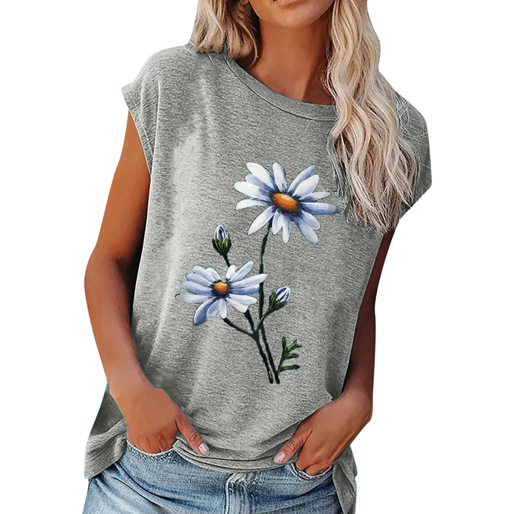 

Women Floral Printed Casual T-shirts Short Sleeve Loose Round Neck Tops Summer Fashion Chrysanthemum Cotton Linen Tee Shirts