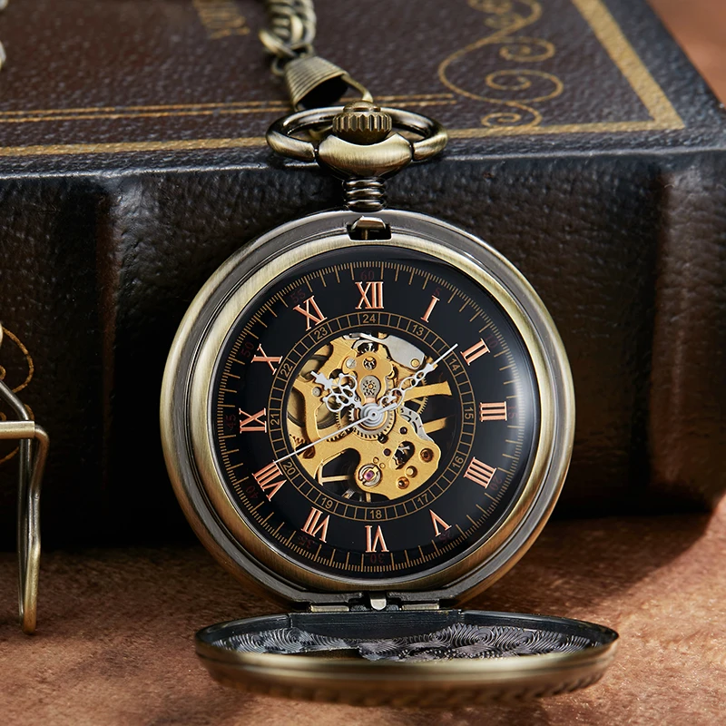 Vintage Bird Mechanical Pocket Watch Skeleton Laser Engraved Case Bronze Fob Chain Clock for Men Women Collection Dropshipping