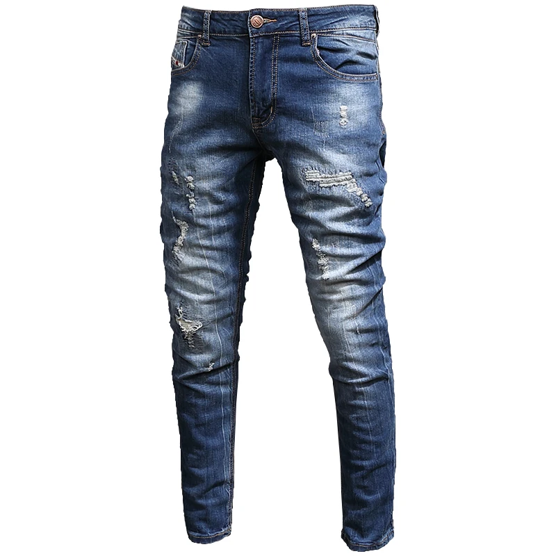 European American Vintage Fashion Men Jeans Retro Dark Blue Elastic Slim Fit Ripped Jeans Men Korean Style Denim Pencil Pants