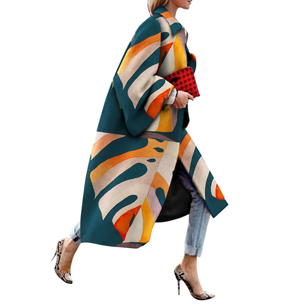 

2021 Autumn Winter New Women's Clothing Fashion Temperament Trench Coat Splicing Color Contrast Printing Long Sleeve Lapel