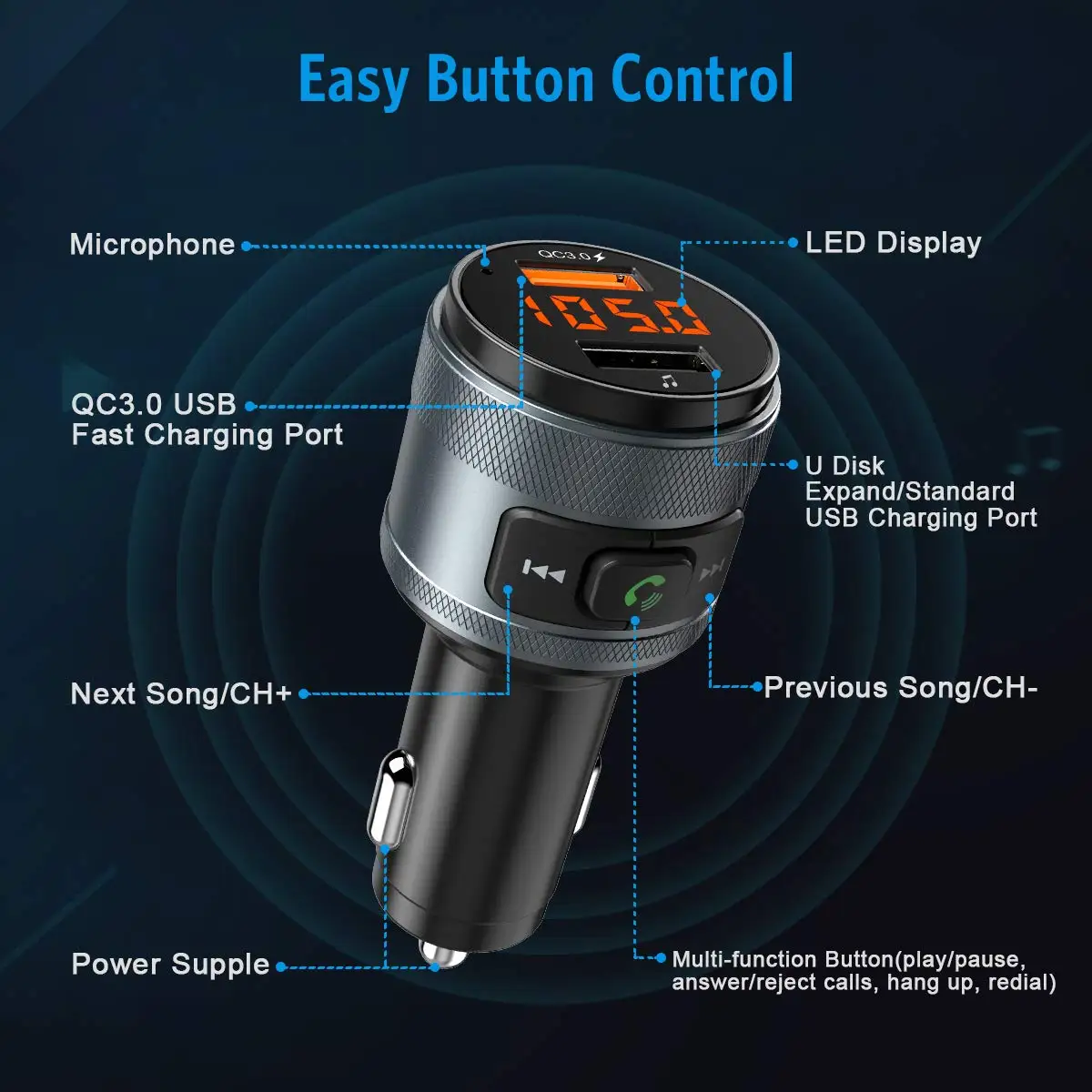 Black SRUIK Bluetooth fm-передатчик QC3.0 автомобильный fm-адаптер с двумя usb-портами зарядное устройство для громкой связи автомобильный комплект ручка-накопитель с зарядным устройством - Название цвета: Black