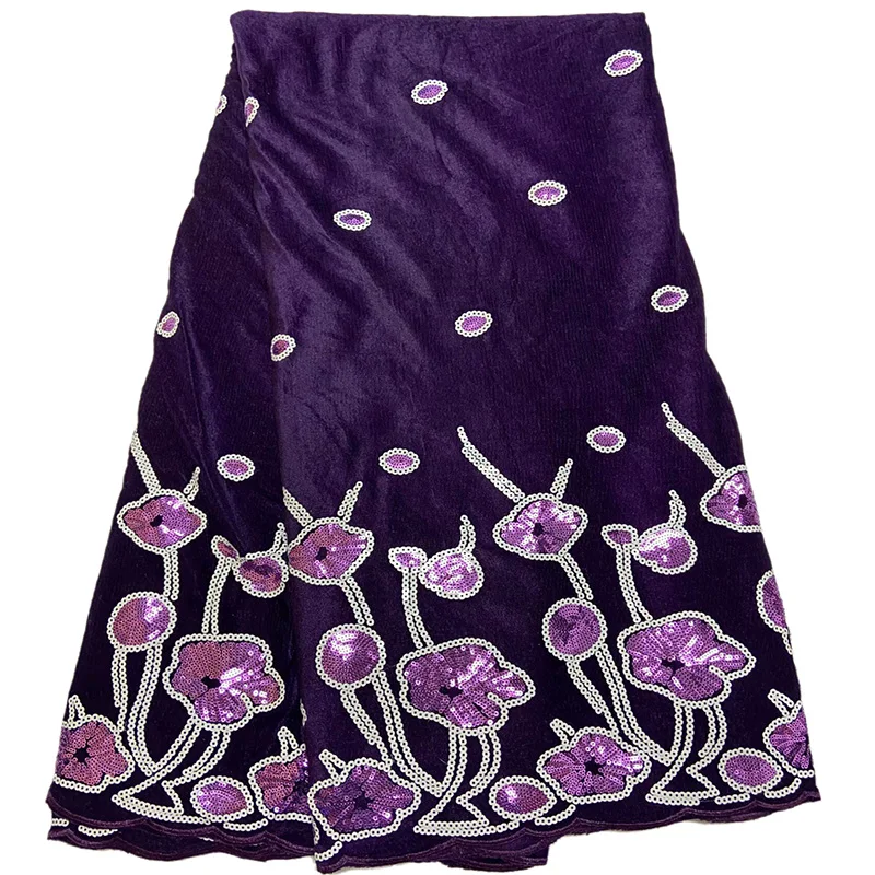 

Women dresses African silk fabric Lotus leaves with white-purple sequins Top selling big sales promotion Velvet lace fabric