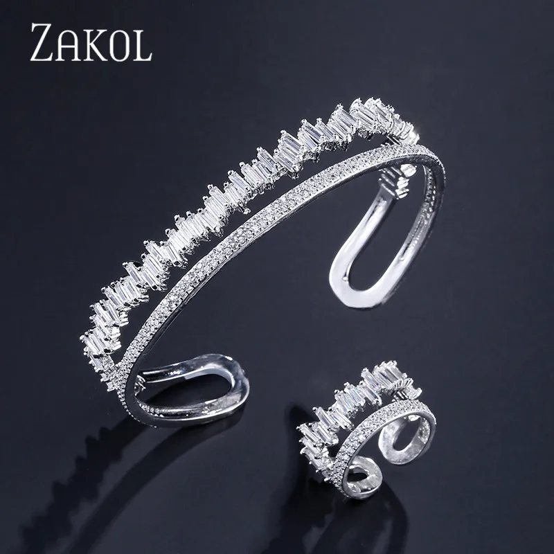 Set White ZAKOL, Новое поступление, набор ювелирных изделий круглой формы, изысканный микро-Браслет-манжета, браслет и кольцо, набор, бижутерия, FSSP376 - Окраска металла: Set White
