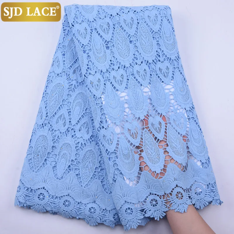Кружевная ткань SJD небесно-голубого цвета из гипюра кружевная с камнями
