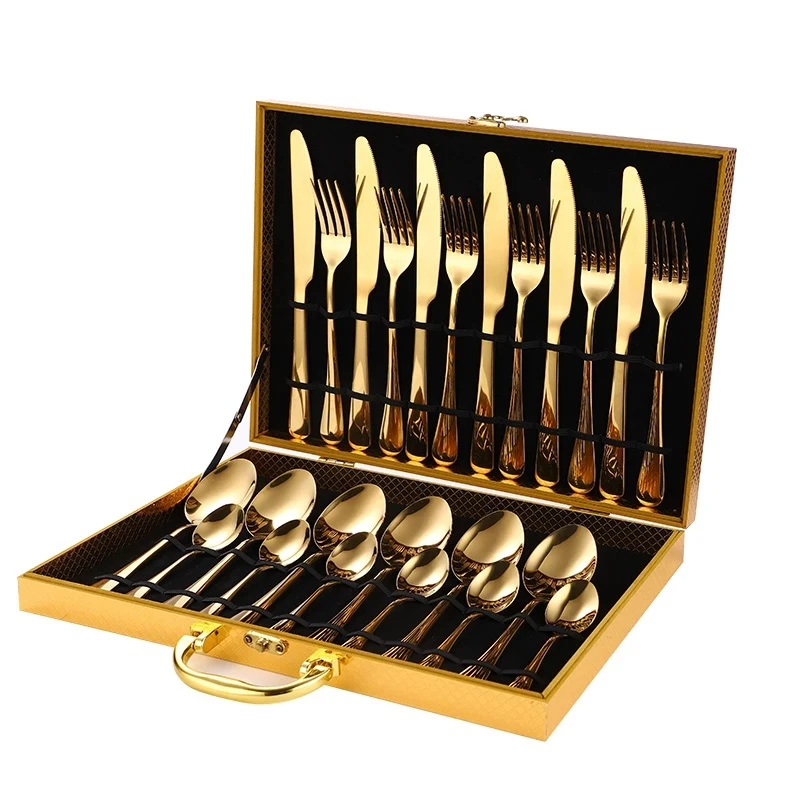 

24Pcs Gold Dinnerware Set 403Material Steel Tableware Set Knife Fork Spoon Western Tableware Steak Knife Fork Gift Box Cutlery