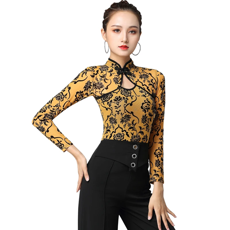 

2020 Latin Dance Costume Women Long Sleeve Mesh Tops Ballroom Dance Practice/Performance Clothing Rumba Tango Samba Dancewear