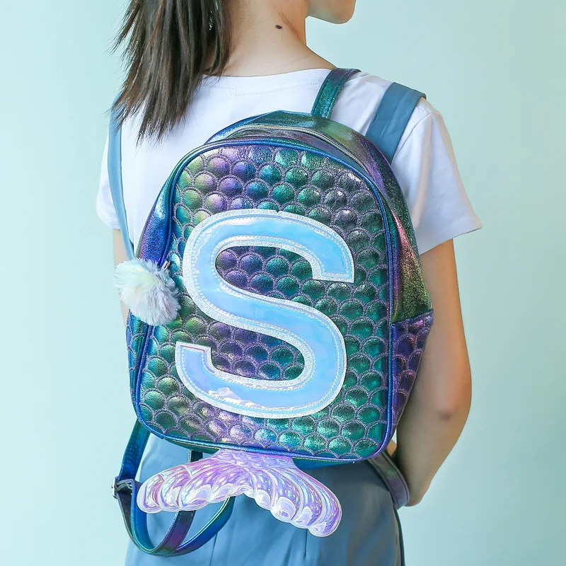 mermaid fish Backpack Children Zipper Schoolbag for Teenager Holographic laser pu s pattern bookbag women bag  with pom pom