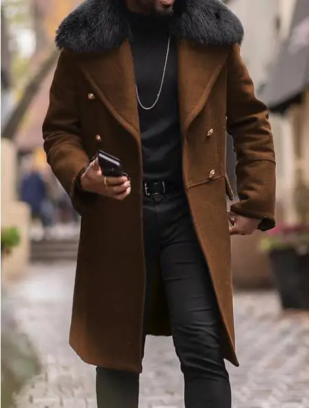 

Casual wool tweed men's coat winter long sleeve solid color slim fit double row button Brown side seam pocket wool jacket 2021
