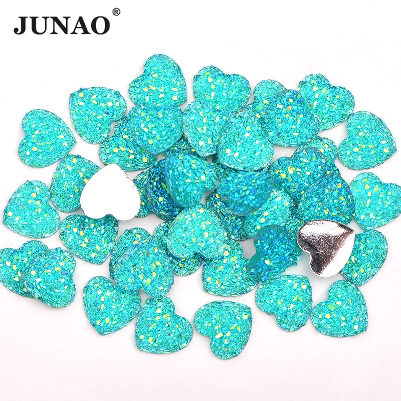 

JUNAO 12mm Glitter Aquamarine AB Heart Resin Rhinestone Stickers Flatback Glue On Cabochon Stones for DIY Scrapbook Decoration