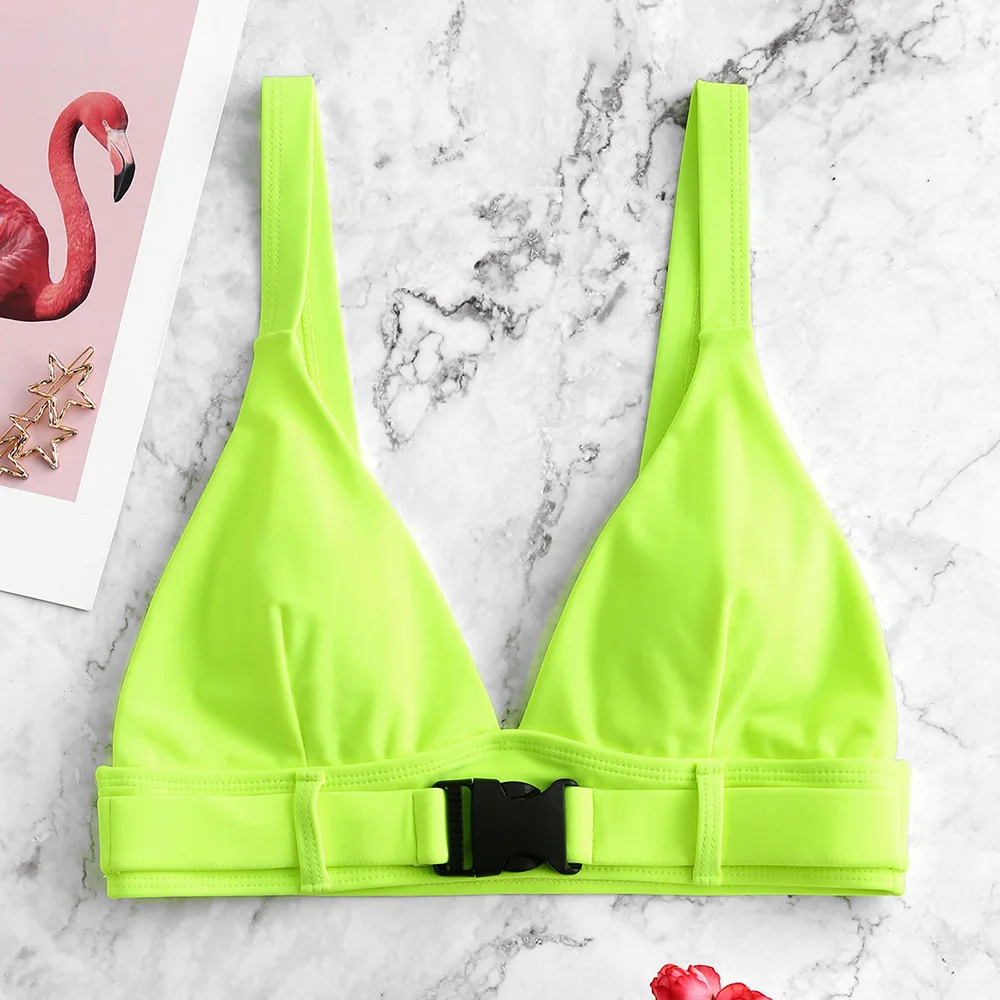 ZAFUL Push Buckle Neon Plunging Bikini Top For Women 2020 Solid Neck Padded Triangle Cup Green Yellow | Спорт и развлечения