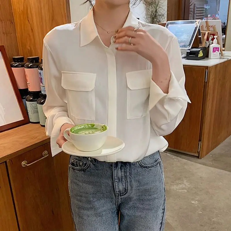 

Korean Women Pocket Design Chiffon Tops Champagne Elegant Lace Shirts Work Wear Blouses Spring Long Sleeve OL Wholesale Clothing