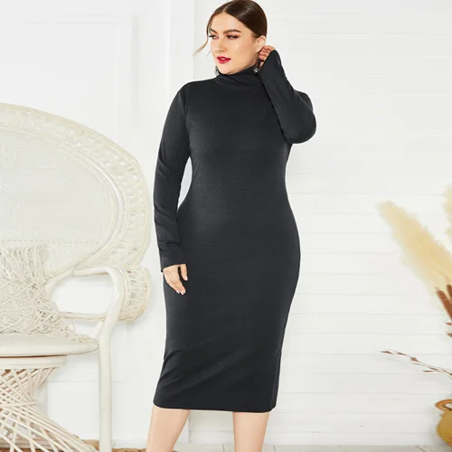 Черный BHflutter 4XL 5XL 6XL Plus Size Winter Dress Women Long Sleeve Turtleneck Knitted Dress Ladies Sexy Bodycon Vintage Dresses - Цвет: Черный