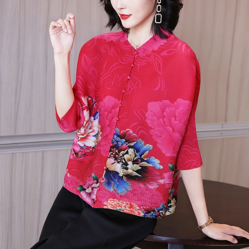 

TVVOVVIN Chinese Style Print Pleated Cardigan Coat Spring 2021 New Women's V-neck Loose Pocket All-match Jacket CR24