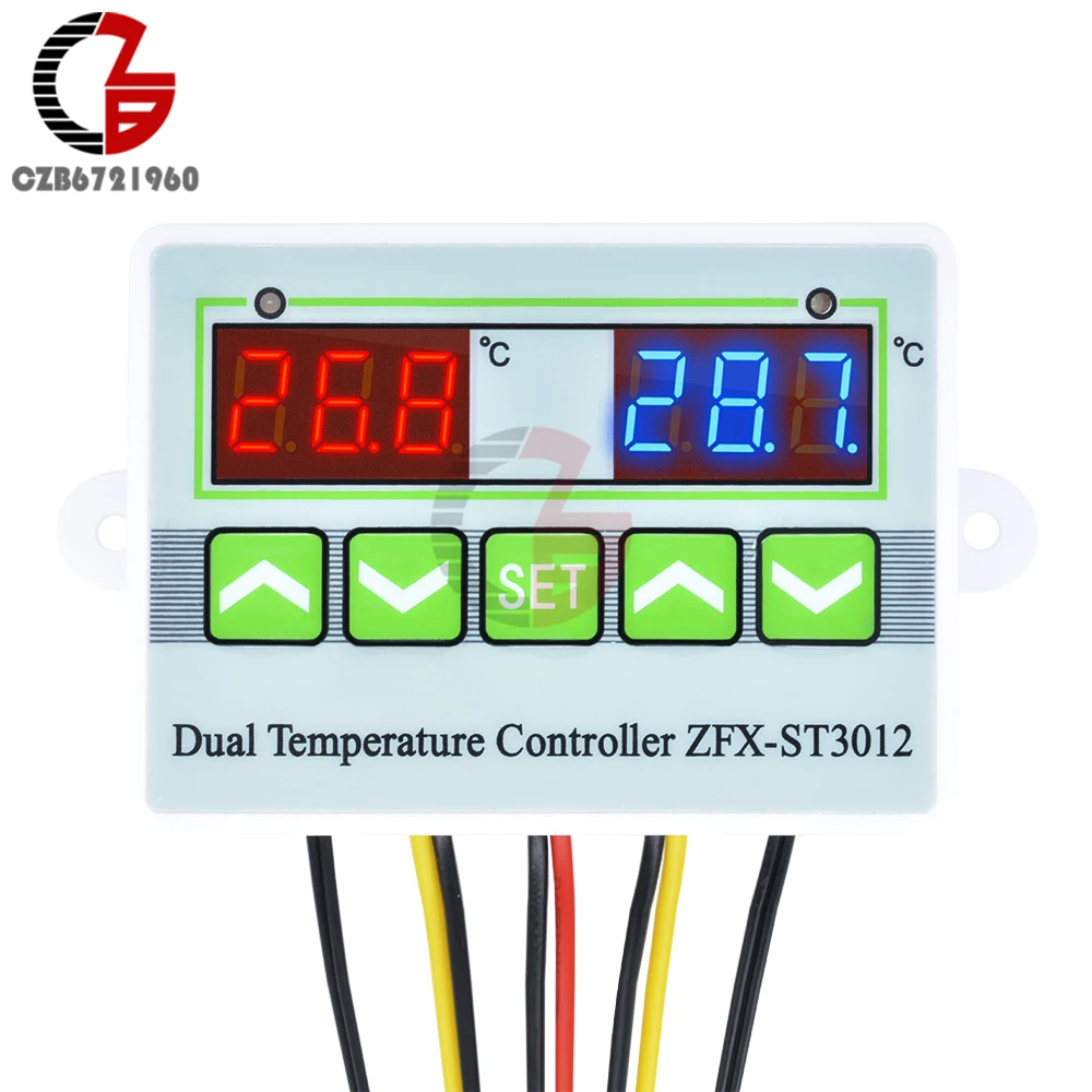 ST3012 DC 24V Интеллектуальный двойной цифровой регулятор температуры Термостат для инкубатора Крытый Открытый терморегулятор Красный Синий светодиодный