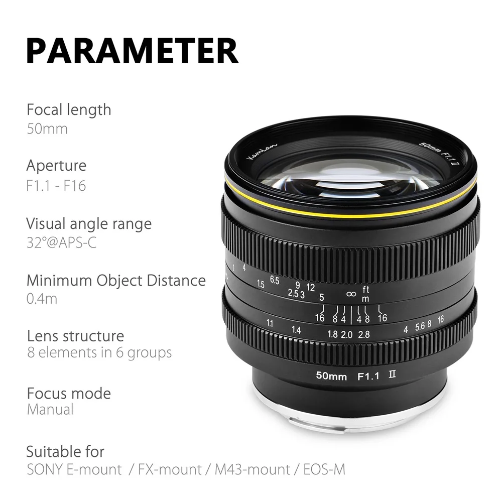 Объектив KamLan 50 мм f1.1 II с большой диафрагмой и ручным фокусом для беззеркальной