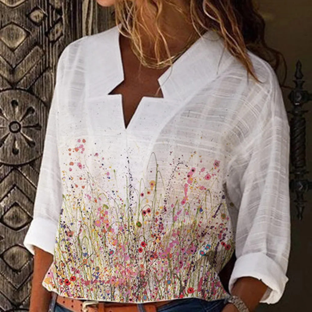 Женская льняная блузка с длинным рукавом V образным вырезом и цветочным