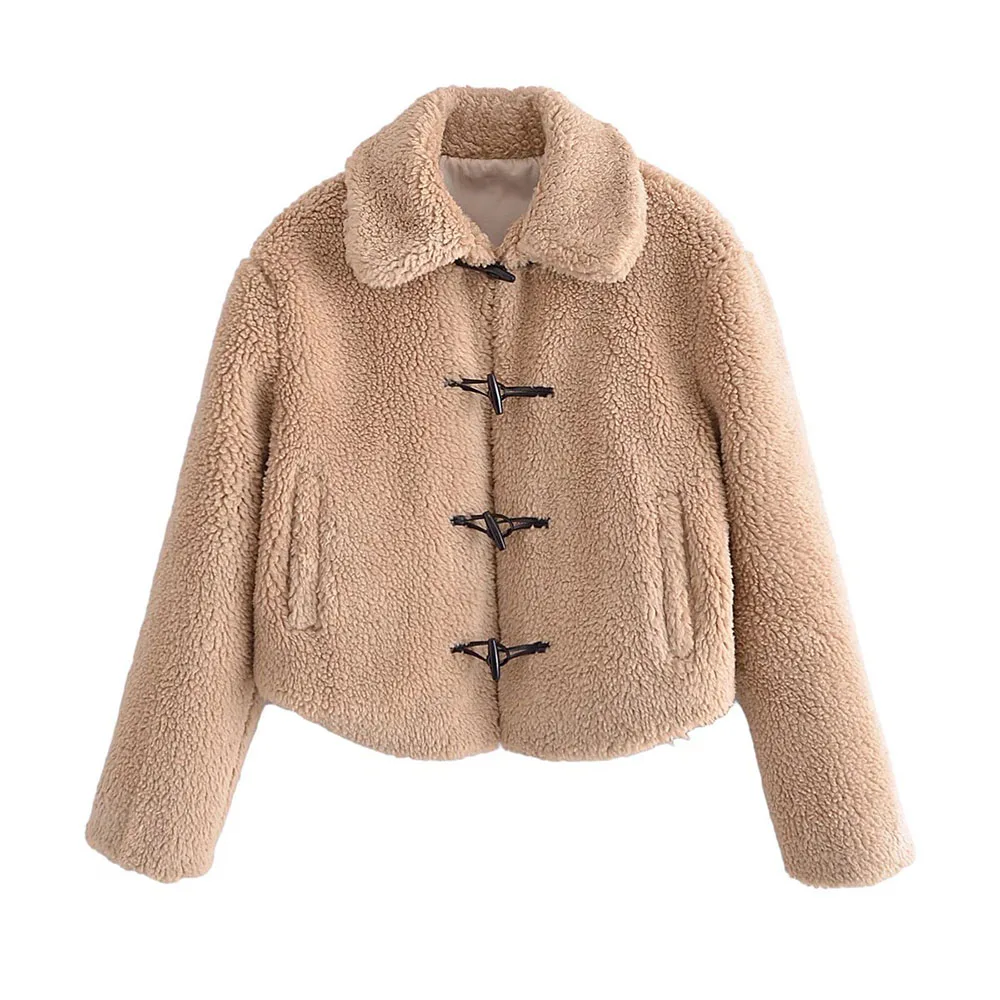 

Женская свободная куртка Za, винтажная верхняя одежда из овечьей шерсти с карманами, длинным рукавом и пуговицами, шикарная верхняя одежда, з...