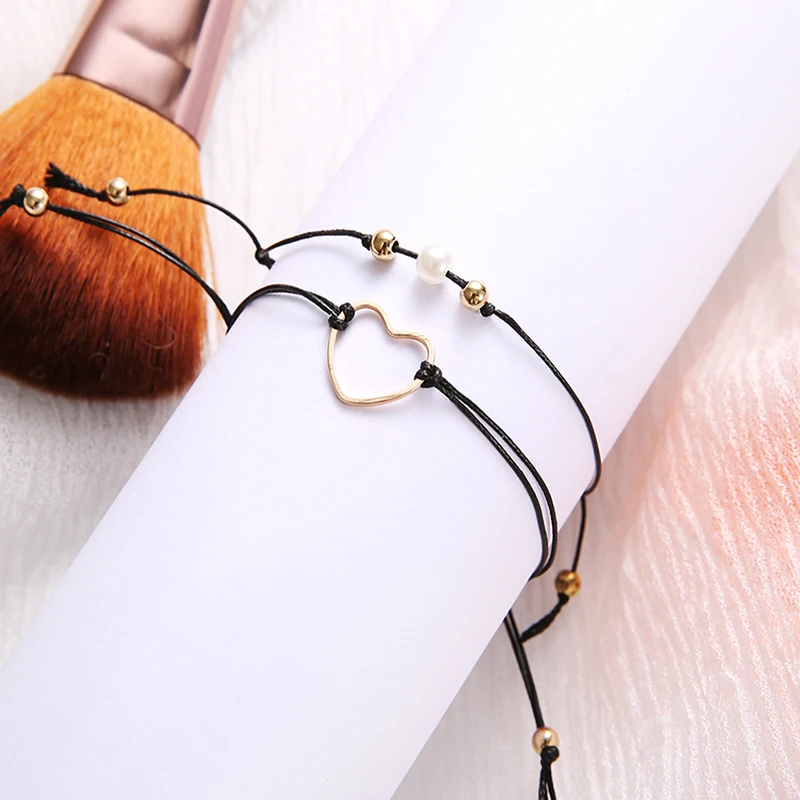 2 Pcs/Set Retro Heart Love Beads Leather Multilayer Adjustable Cuff Bracelet Set Women Fashion Clothing Accessories | Украшения и