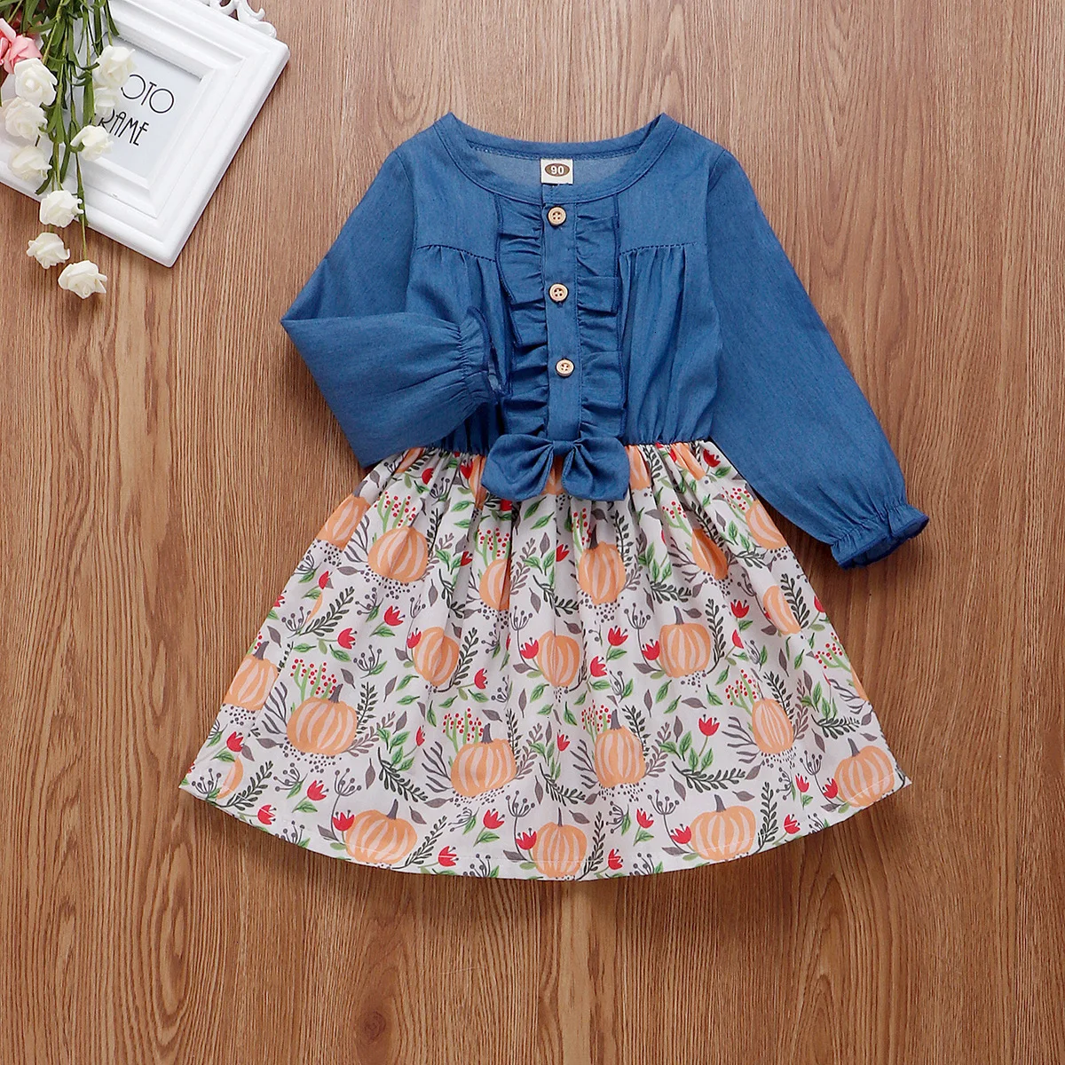 INS 2019 Girls Clothes Fashion Denim Dress Long Sleeves Autumn New Cartoon Pumpkin Kids Clothing Girl Costume | Детская одежда и