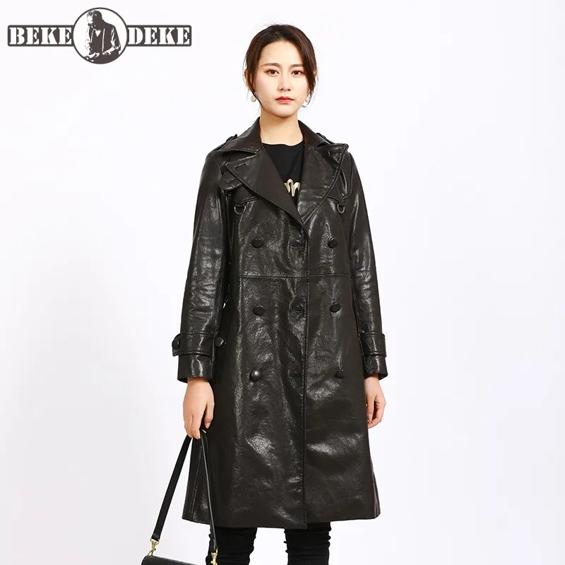 

Женская двубортная длинная куртка, классическая черная офисная ветровка из натуральной овечьей кожи, верхняя одежда в уличном стиле для весны