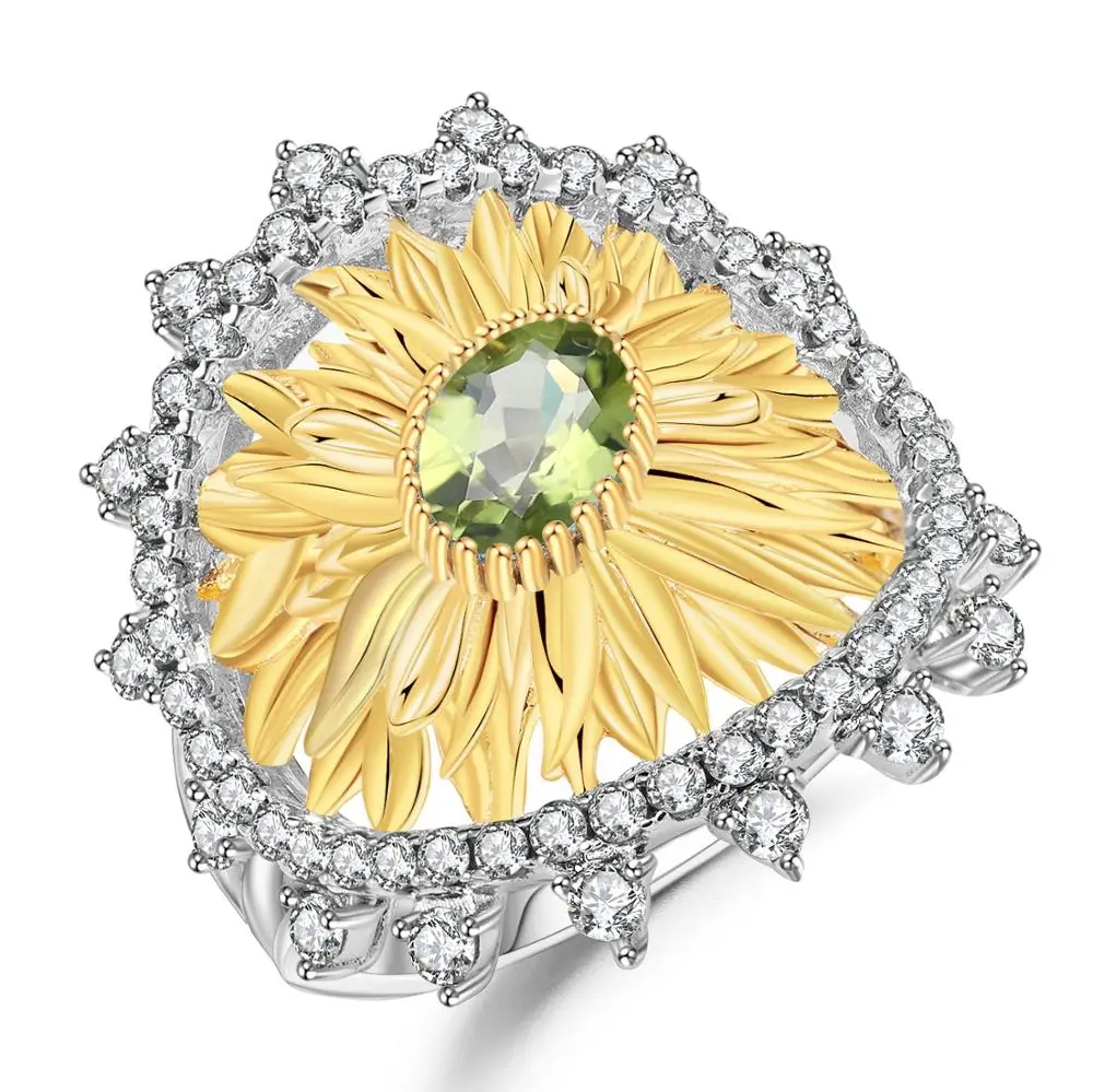 GEM'S BALLET 925 Sterling Silver Handmade Ring for Women Engagement 1.00Ct Natural Peridot Gemstone Sunflower Rings Fine Jewelry |