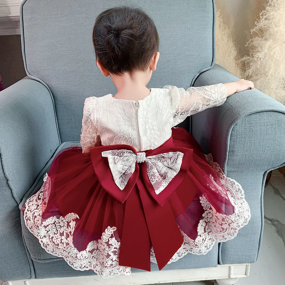 

2021 New Baby Girls Lace Bow Dress Formal Baptism Dresses For Girls Elegant Birthday Party Ball Gown Children Clothing Vestidos