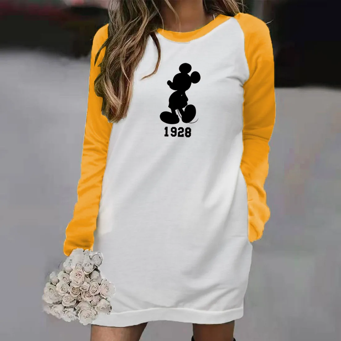 

Disney Mickey Women Dress Long Sleeve Casual Kawaii Stitching Color Mini Dresses Round Neck Spring Autumn Girl Personality