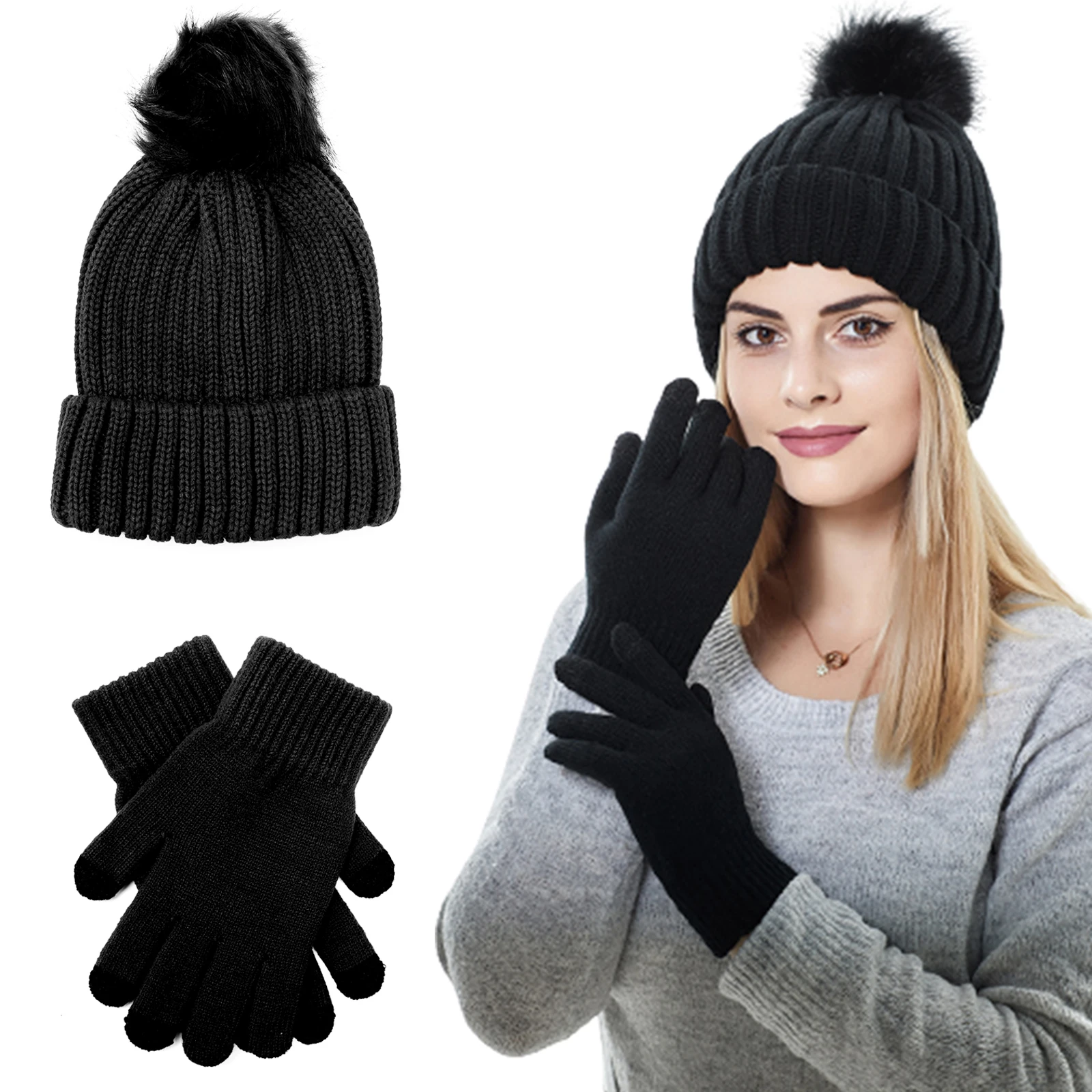 

Winter Knitted Pompom Beanie Hats Women Pom Knitted Hat Touchscreen Gloves Set Casual Women's Cap