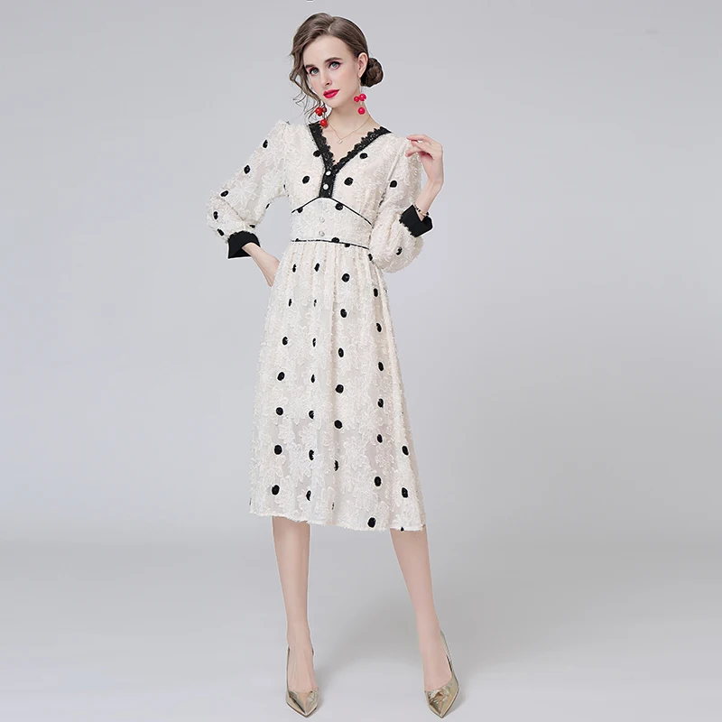 

Spring and Autumn New Women's Mid-Length V-neck Temperament Waist Slim-Fit Chic Flocking Polka Dot Long-Sleeve Dress