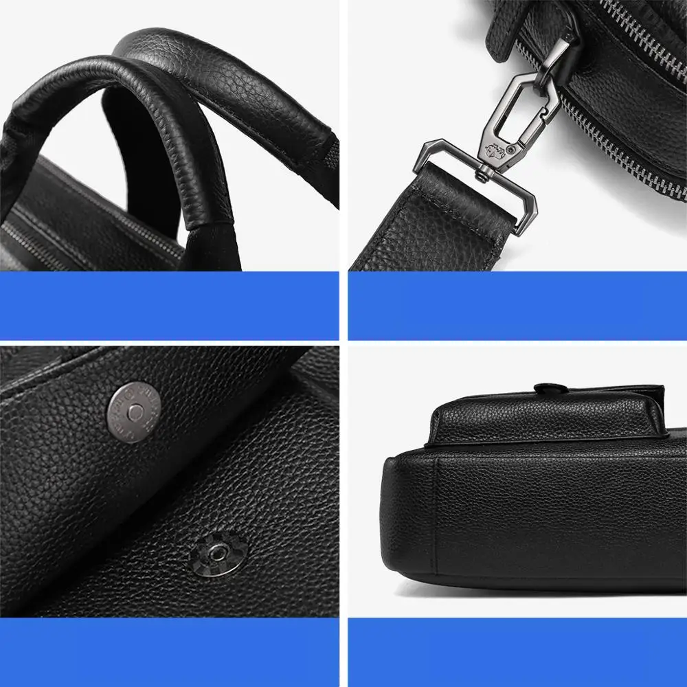 Bison Denim Brand Men Bag Genuine Leather Handbag Male 14 inch laptop Bag Briefcase Classic Black Crossbody Shoulder Bag