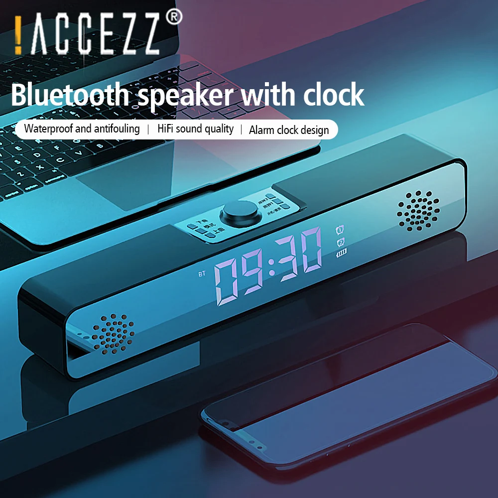 

!ACCEZZ TV Sound Bar Alarm Clock Wired Wireless Bluetooth Speaker LED Digital Soundbar Stereo Subwoofer AUX USB IPX5 Waterproof