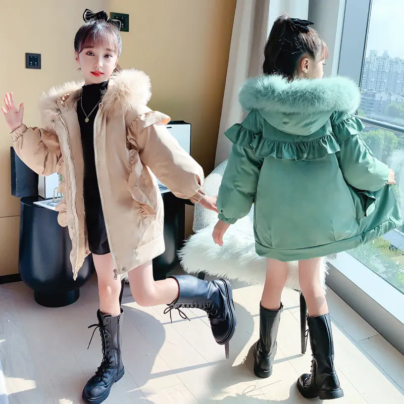 

2020; Теплая куртка для девочек детская зимняя одежда для девочек детское плотное пальто для подростков с оборками Куртка-парка с меховым кап...