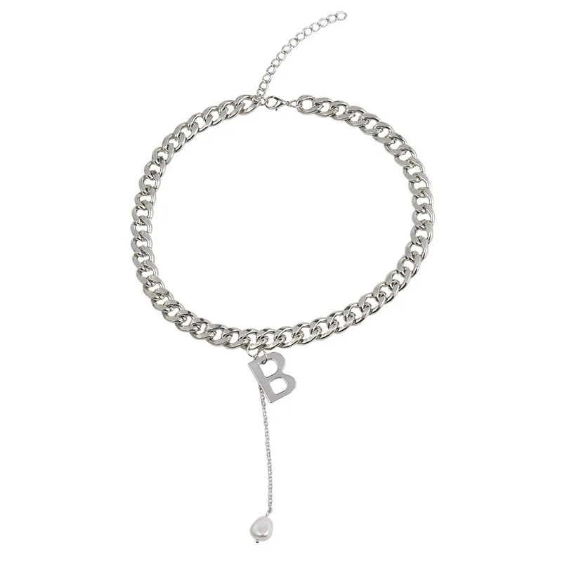 

Origin Summer Street Style Titanium Chunky Curb Chain Pearl Letter B Pendant Necklace for Women Punk Necklace Jewelry Gifts