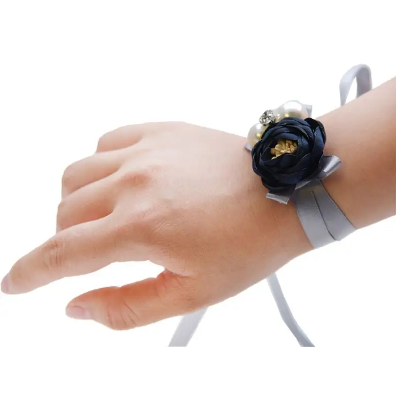 

Wedding Bride Bridesmaid Tea-Rose Artificial Flower Wrist Corsage Fake Stamen Imitation Pearl Ribbon Wristband for Prom Party