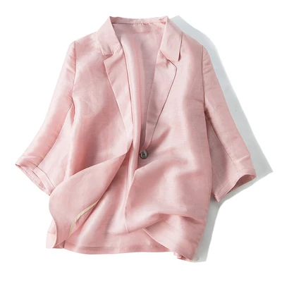 PINK WT1985 Шелковый льняной костюм 50% шелк тутового шелка Женское пальто жаккард OL офисный Блейзер M L XL - Цвет: PINK WT1985