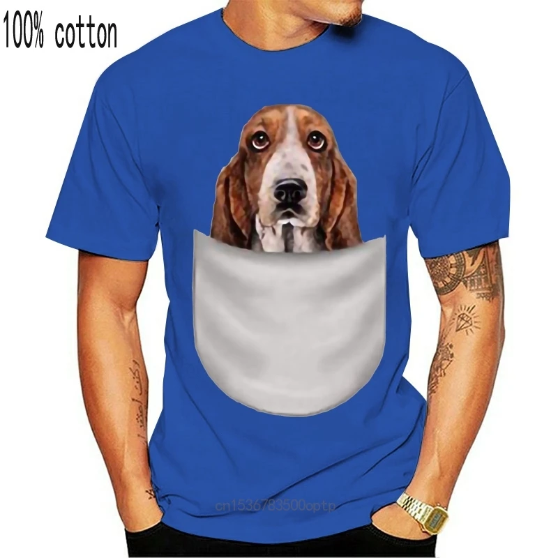 

New 2021 Arrival Mens T-shirt T-Shirt, Basset Hound Gazing Out from Pocket, Dog hip hop street T-shirt