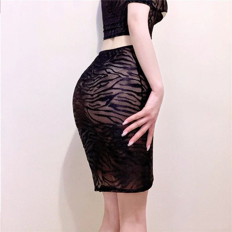 

WOMENGAGA Striped Lace Transparent Mini Skirt Skinny Hip Silky Tight Sexy Nightclub Skirts Black Leopard Lace Korean Sexy UKN5