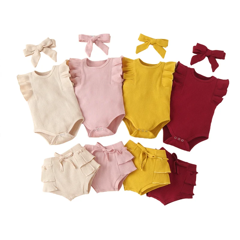 

Newborn Baby Girls Three-piece Clothes Set, Solid Color Ribbed Sleeveless Romper, High Waist Shorts and Headdress, 0-24Months