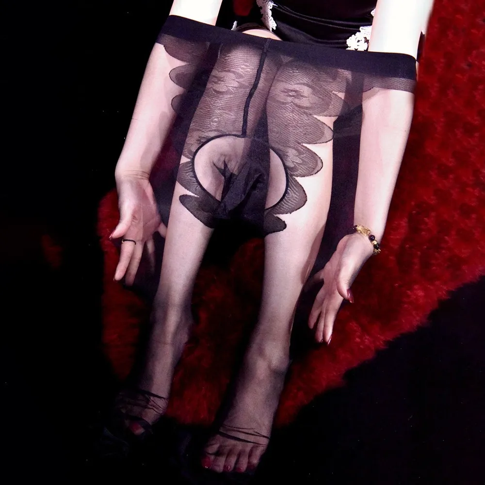Прозрачные мужские блестящие кружевные колготки нейлоновые чулки с высокой