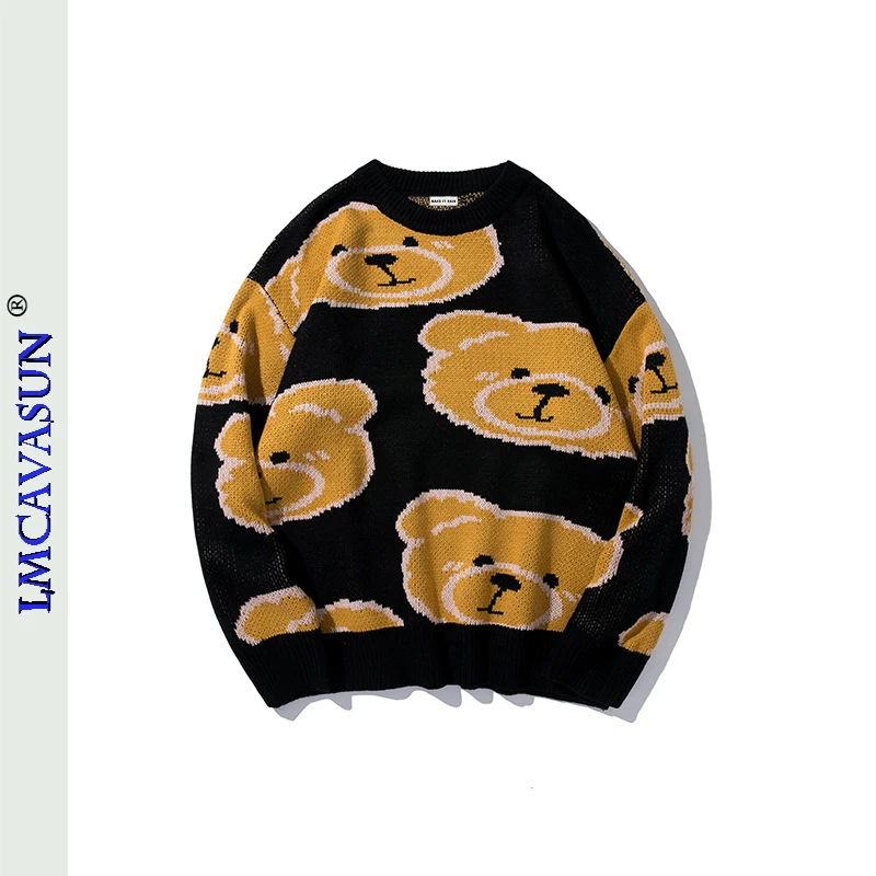 

Свитер LEIMEICHEN в японском стиле Харадзюку с принтом медведя, с круглым вырезом и длинными рукавами, трендовый осенне-зимний вязаный свитер