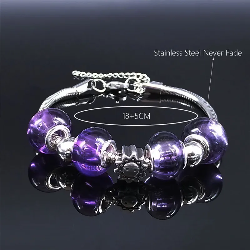 

Sun Stainless Steel Purple Glass Bead Bracelet Women Silver Color Bracelets Jewelry pulsera acero inoxidable mujer BXS01