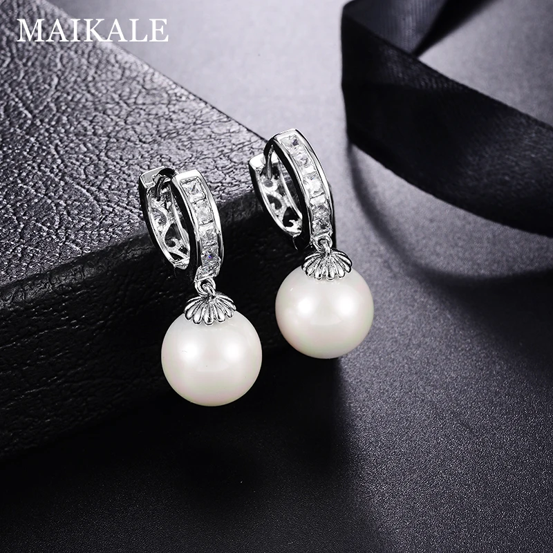 Женские серьги подвески с жемчугом MAIKALE круглые большие корейские фианитом