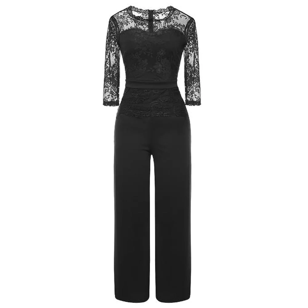 Женский Винтажный кружевной комбинезон черный ажурный сетчатый с рукавом 3/4
